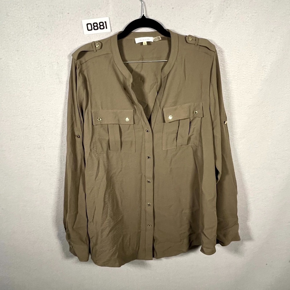 Calvin‎ Klein Utility Shirt Womens Large Brown Roll Tab Sleeve Button Up Casual